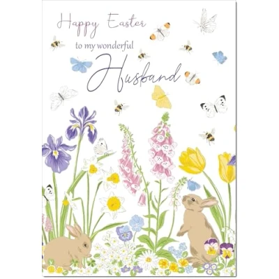 Image of doodlecards Husband Easter Card Spring Flowers with Bunnies Medium Size Plain Envelope