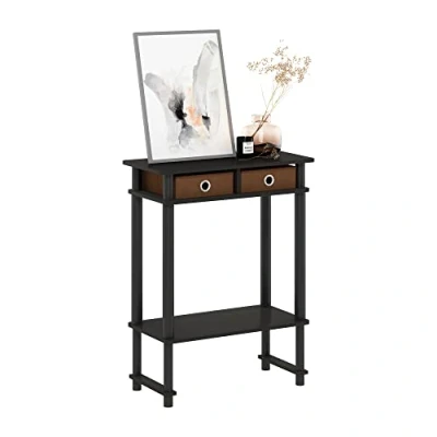 Image of Furinno Tall Wide Hallway Console Table with Bin, Engineered Wood, Espresso/Brown, 29.49 (D) x 59.79 (W) 77.8 (H) cm