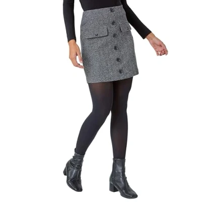 Image of Roman Womens Tweed Look Button Stretch Skirt Charcoal Size 20 UK