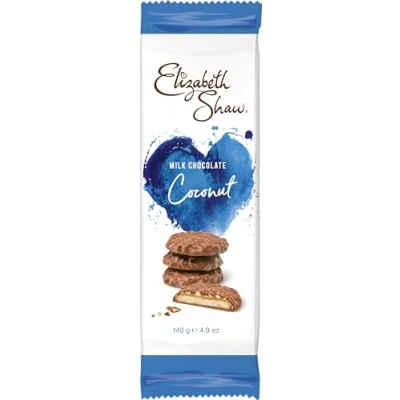 Image of Elizabeth Shaw Coconut Milk Chocolate Crisp Biscuits Case Pack (10 x 140g) Biscuit covered in Coconut, Hazelnuts and Chewy Caramel Luxury Treat Sharing Gift