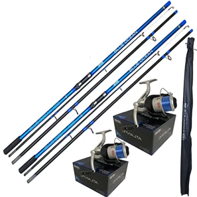 Image of 2 Lidsters 14ft 3pc 4.2m Blue Ocean sea Fishing rod + Atlantic Reel