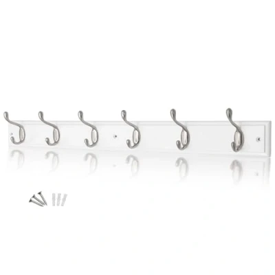 Image of keypak 6 Hook Wall Mounted Coat Rack, 68cm White Wooden Board, Satin Nickel Hooks Fixings Included