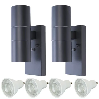 Image of HiSPEC LED GU10 Indoor Outdoor Lighting: Dusk Till Dawn Up and Down Wall Mounted Outside Light with Photocell Sensor: IP44: Anthracite Grey: Twin Pack