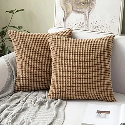 Image of MIULEE Set of 2 Decorative Corduroy Cushion Covers 16x16 Inches, 40cm x Striped Solid Square Throw Pillow Cases for Sofa Couch Home Bedroom Brown