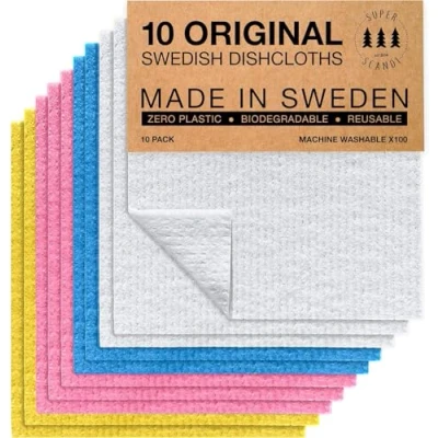 Image of SUPERSCANDI Made in Sweden Dish Cloths Eco Friendly Paper Alternative Assorted Colours 10 Pack Reusable Compostable Kitchen &amp; Rags