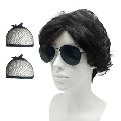Image of SKHAOVS Black Men&#039;s Wig 70s 80s Disco Short Curly Fluffy Cosplay Halloween Daily Costume Rocking Dude Punk Rocker Character Layered, with Adjustable Straps to Hold Wigs (Black)
