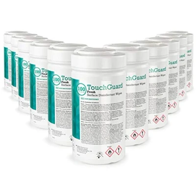 Image of TouchGuard Fresh, Surface Disinfectant Wipes, Tub Dispenser, Multipack of 12 x 100, Total 1200 Wipes Made in UK