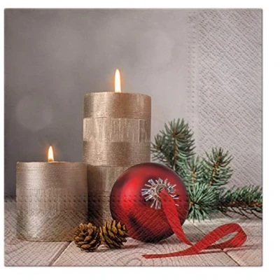 Image of 3 PLY Traditional Xmas Tissue Paper Napkins 33cm x Serviettes Pack of 20 (Candles with A Bauble)