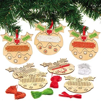 Image of Baker Ross AX354 Christmas Pudding Wooden Cross Stitch Decoration Kits Pack of 5, Decorations for Kids to Make and Display, Ideal Arts Crafts Project