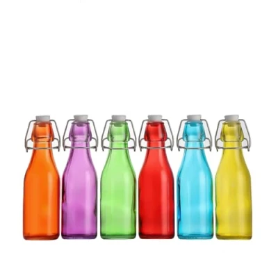 Image of simpa Vintage Style Mix Colour Glass Bottles with Swing Top Lids. Round 250ml Set of 6