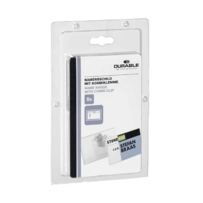 Image of Durable 869419 Name Badge with Combi Clip 75 x 40 mm Transparent (Pack of 5)