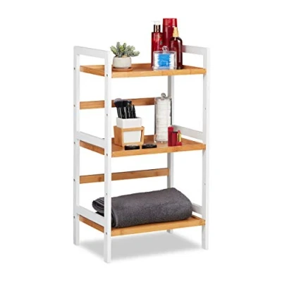 Image of Relaxdays Bathroom Shelving Unit, Shelves For Towels, etc, Bamboo Shelf HWD 80x45x31.5 cm, White/Natural