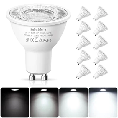 Image of GU10 LED Bulbs Dimmable, Cool White 6500K, 50W Halogen Spotlight Equivalent, 4.9W 220 240V 38 Beam Angle Energy Saving Pack of 10
