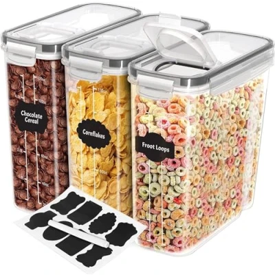 Image of KICHLY Cereal Storage Container (Set of 3) BPA Free Plastic Airtight Kitchen Containers Dry Food Dispenser for &amp; Pantry