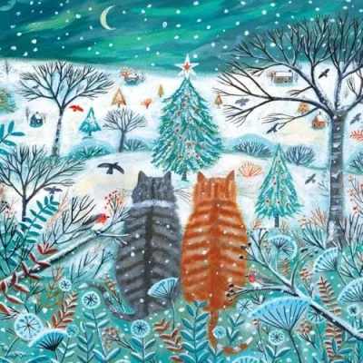 Image of Charity Christmas Cards Pack of 8 Sold in Aid Macmillan Cancer Support Cats the Snow Winter Lookout Made UK Eco Friendly