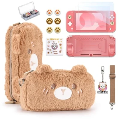 Image of innoAura Switch Lite Bag, 13 in 1 Accessory Bundle with Cute Plush Carry Case, Screen Protector, Game Case Storage and Thumb Caps (Brown Bear)