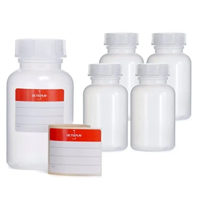 Image of Octopus 5x 250 ml LDPE wide mouth bottles with screw caps, empty chemical bottles, laboratory lids as storage containers for laboratory, kitchen or hobby