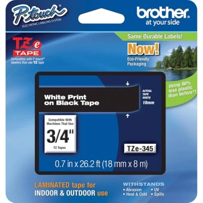 Image of Brother Laminated Tape White on Black, 18mm (TZe345) Retail Packaging