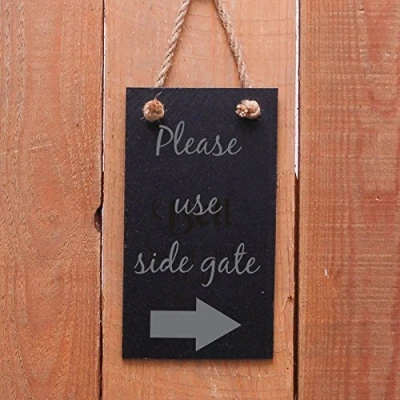Image of Slate hanging door sign &quot;Please use side gate arrow to right&quot;