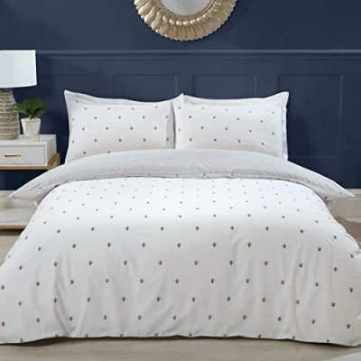 Image of Sleepdown Bumble Bee White Reversible Grey Hexagon Honeycomb Soft Duvet Cover Quilt Bedding Set with Pillowcases Super King (220cm x 260cm), Pack of 1