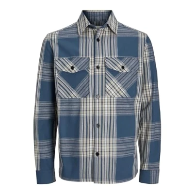 Image of JACK &amp; JONES Men&#039;s Jprccroy Spring Check Overshirt L/S Sn Shirt, Dark Denim/Checks:Comfort Fit, L