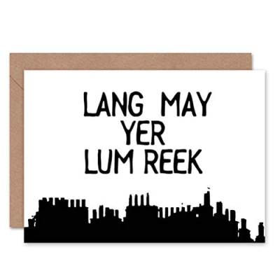Image of Wee Blue Coo QUOTE SCOTS SAYING LANG LUM REEK HOGMANAY SCOTLAND BLANK GREETINGS CARD
