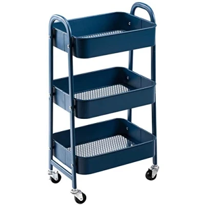 Image of DOEWORKS 3 Tier Trolley Metal Storage Cart Kitchen Beauty Rolling Utility Shelves on Wheels for Bedroom Makeup Bathroom Office, Navy Blue
