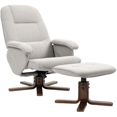 Image of HOMCOM Linen Swivel Recliner Chair with Footstool, Upholstered Reclining Armchair Wooden Base for Living Room, Light Grey