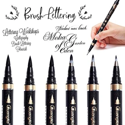Image of Calligraphy Pens 6pcs Set for Beginners Refillable Black Brush Marker Pens,Hand Lettering Writing, Signature, Illustration, Design and Drawing, 4 Sizes