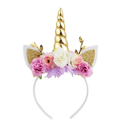 Image of Nishine Unicorn Horn Floral Headband Glitter Ears Pony Head Bands Tiara for Girls Party Birthday Cosplay (Gold&amp;Ivory)