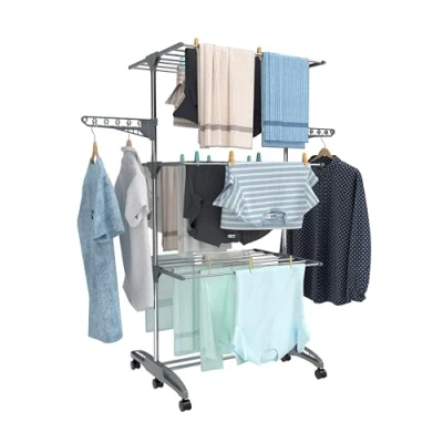 Image of Hyfive Clothes Airer Drying Rack Indoor Horse Laundry Dryer 4 Tier Foldable Space Saving With Shoe Stainless Steel Easy Storage (Grey)