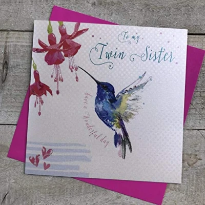 Image of WHITE COTTON CARDS B247 TW Twin Sister Birthday Card Handmade Decorated Hummingbird,redbluegrey,16cm x 16cm
