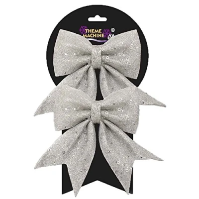 Image of Christmas Tree Decoration 2 Pack 16cm Glitter &amp; Sequin Bows Silver