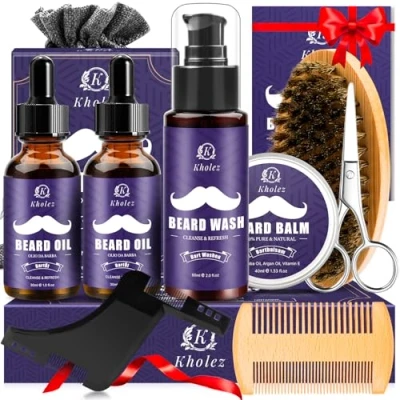 Image of Beard Grooming Kit,Beard Growth Kit w/2 Oil/Beard Wash/Beard Balm/Beard Comb/Beard Brush/Scissors/Beard Shaper,Storage Bag,Beard Care&amp;Trimming Christmas Gifts for Men Him