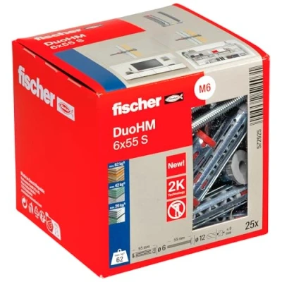 Image of fischer DuoHM 6 x 55 S TX Cavity Dowels with Metric Panhead Screw and Drive for Fixing TV Brackets, Lights, Wall Shelves, etc. in Panel Building Materials, Pack of 25