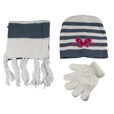 Image of Girls Hat Scarf and Gloves 3 Piece Set Knit Stripe Butterfly Children Winter in White &amp; Grey