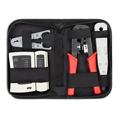 Image of deleyCON 4 Piece Network Tool Set with Bag Cable Tester Crimping Pliers LSA Installation Wire Stripper IT Computer LAN CAT RJ11 RJ12 RJ45