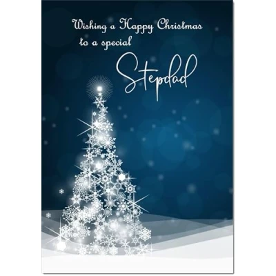 Image of doodlecards Step Dad Christmas Card Blue Abstract Tree Medium Size with Plain Red Envelope, 21 x 15cm