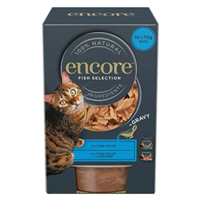 Image of Encore 100% Natural Wet Cat Food, Multipack Fish Selection in Gravy 70g Pot (Pack of 16 Pots)