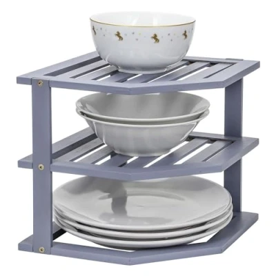 Image of MantraRaj Grey Bamboo 3 Tier Corner Shelf Kitchen Cupboard Storage Organiser Stacking Worktop Tidy Plate Rack Space Saving Bathroom Standing Unit For Home, Living Room,