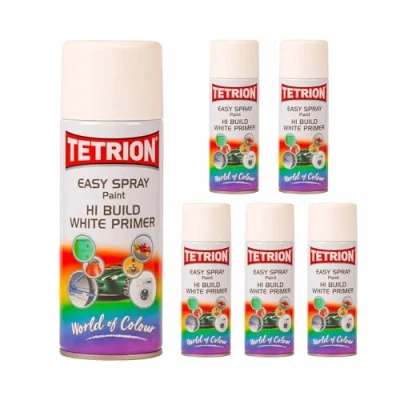 Image of Tetrion Easy Spray Acrylic Based Multipack Paint 6 Pack for Metal &amp; Wood, Quick Drying High Build Primer Hi White 400 ml