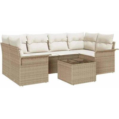 Image of Vidaxl 7 Piece Garden Sofa Set with Cushions Beige Poly Rattan