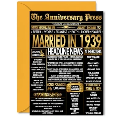 Image of Gold 86th Anniversary Card for Women Men Golden Newspaper Married in 1939 Happy 86 Year Wedding Husband Partner Wife Companion, 5x7 Inch Anniversaries Greeting Cards