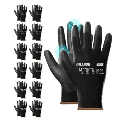 Image of LANON 12 Pairs Black Safety Work Gloves, PU Coated, Multipurpose Working Gloves for Men, Seamless Knit, Power Grip, EN 388, M/8