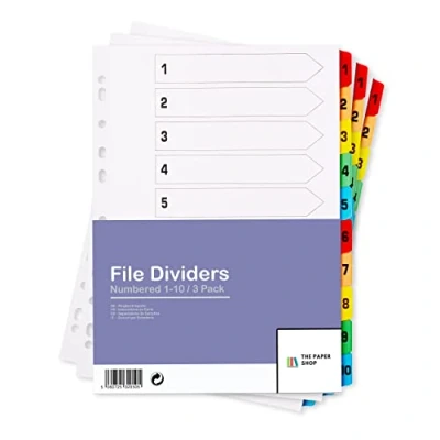 Image of File Dividers A4, 10 Part Folder for Ring Binders &amp; Lever Arch Files, Binder Subject (3 Pack)
