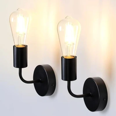Image of TYhogar 2pcs Black Wall Lights Industrial Bedside Night Light E27 Edison Bulbs Pair Sconce Lamp Holder for Living Room Hotel Restaurant Lighting (2 pcs)