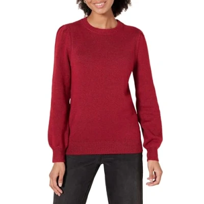 Image of Amazon Essentials Women&#039;s Soft Touch Pleated Shoulder Crewneck Jumper, Dark Red, L