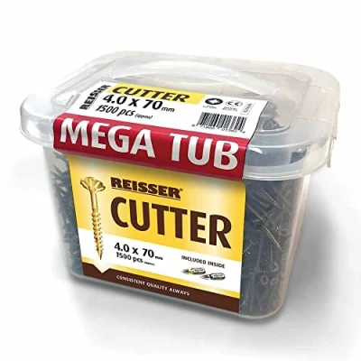 Image of Reisser 8221470MT Mega Tub Cutter Csk Pozi Yellow Woodscrews 4.0 x 70 mm (1500 Pieces) c/w 2 25 bits