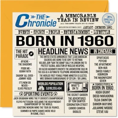 Image of 64th Birthday Cards for Men Women Born In 1960 Newspaper Happy 64 Card Grandad Grandma Nan Vintage Retro Back 1960, 145mm x Sixty Four Fourth Bday Greeting