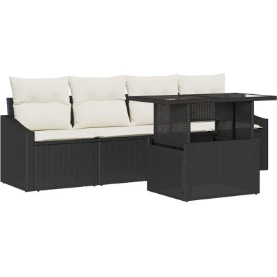 Image of vidaXL 5 Piece Garden Sofa Set with Cushions Black Poly Rattan